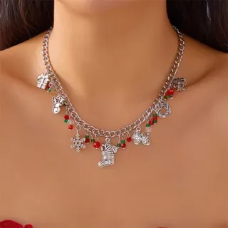 Christmas Vintage Charm Bead Necklace, 18K Gold Plated Alloy, Snowman Snowflake Tree Dangles, Red Green Beaded Choker Chain 40+5cm, Holiday Party Gift Jewelry
