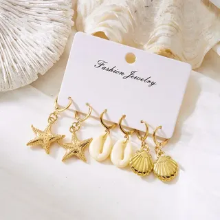 Ocean Shell & Starfish Hoop Earrings, Gold Alloy Enamel Dangle Earrings, Beach Vacation Jewelry Set
