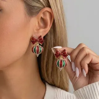 Christmas Glitter Bow Ornament Ball Earrings, 18K Gold Plated Alloy, Red Green Enamel Bauble Drop Earrings for Holiday Party, 4x2.5cm