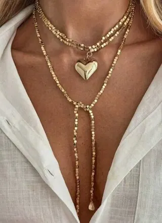 Gold Beaded Wrap Necklace with Heart Pendant - Multi-Layer Tassel Chain, 18K Gold Plated Alloy, Y2K French Vintage Long Necklace 156cm