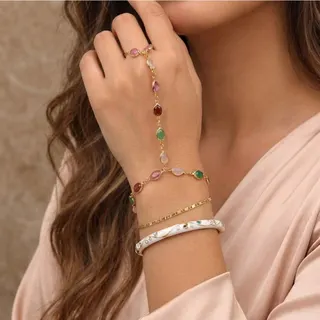 French Vintage Colorful Resin Oval Finger Chain & Flower Bracelet 2-Piece Set, Gold Plated Copper Alloy, Macaron Gemstone Ring Bracelet for Women