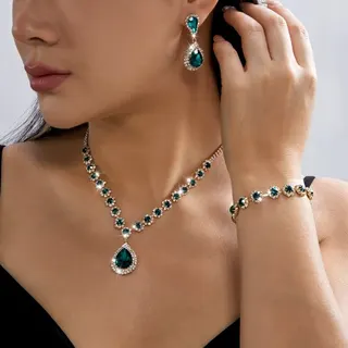 Luxury Emerald Teardrop Jewelry Set - 18K Gold Plated Brass Necklace Bracelet Earrings Trio with Cubic Zirconia, Bridal Party Elegant Green Gemstone Set