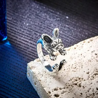 Cute Bulldog Puppy Ring, Adjustable Open Band, Alloy Polished Silver, 3D Animal Design, Fun Statement Jewelry Gift