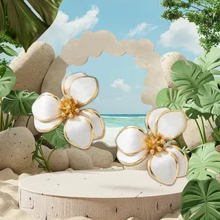 White Flower Stud Earrings - 18K Gold Plated Alloy, Enamel Petal Design, 3.4cm French Vintage Statement Earrings for Women (Pair)