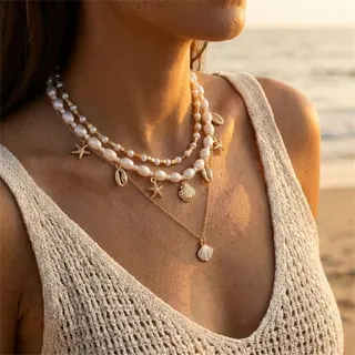 Boho Beach Pearl Layered Necklace with Starfish & Shell Charms, 18K Gold Plated Alloy Imitation Pearl Pendant Choker, 37+5cm Summer Vacation Jewelry for Women