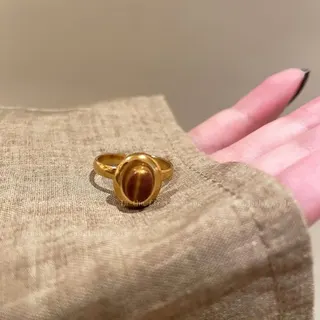 Vintage Oval Tiger Eye Stone Ring, Adjustable Open Band, 18K Gold Plated Alloy with Natural Cat's Eye Gem, Retro Statement Finger Ring for Women