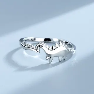Stegosaurus Dinosaur Ring, Adjustable Open Band, White Gold Plated Copper, Cute 3D Animal Jewelry, Fun Gift for Kids & Teens