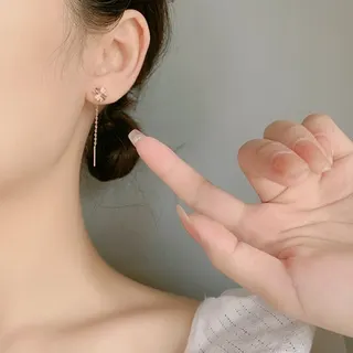 Lucky Clover Zircon Earrings Rose Gold Dangling Tassel Studs Elegant French Style Long Earrings for Women 2.8cm