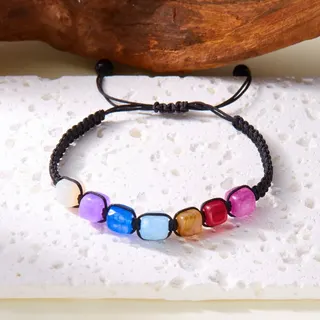 7 Chakra Natural Agate Beaded Bracelet, Rainbow Handwoven Elastic Cord, Adjustable 16-28cm Energy Healing Crystal Wristband for Women Yoga Meditation