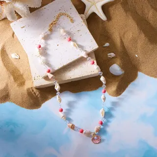 Blue Shell & Conch Beaded Necklace - Ocean Vacation Style Crystal Natural Shell Strand with Blue Fan Shell Pearl Pendant, Adjustable 40+5cm Boho Beach Jewelry for Women