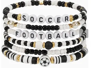 Soccer Bead Bracelet Set - 5pcs Black & White Football Letter Charm Bracelets with SOCCER FOOTBALL Beads, 18K Gold Plated Alloy & Clay Beads, Multi-Stack Sporty Jewelry for Fans