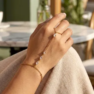 Gold Stainless Steel Zircon Finger Chain Bracelet - Marquise Crystal Link Hand Chain, Adjustable Ring-to-Wrist Jewelry, Hypoallergenic Tarnish-Free, French Minimalist Style for Women