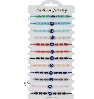 Evil Eye Beaded Bracelet Set 12 Pcs - Crystal Glass Seed Bead Boho Wristbands, Blue Evil Eye Charm, Elastic Stretch Bracelets for Women Girls, Multi-Color Gift Pack