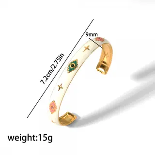 Stainless Steel C-Shape Adjustable Bangle, Enamel Flower & Star Open Cuff Bracelet, 18K Gold Plated, Lightweight 15g, Women's Vintage Jewelry