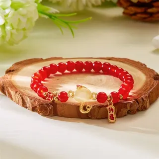 Snake Year Lucky Beaded Bracelet for Women - Red Glass Beads with Crown White Heart Charm, 18K Gold Plated Alloy, Blessing & Fortune Red Bracelet, 18cm, Luxury Chinese Style Gift