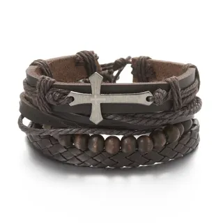 Men's Vintage Cross Bracelet Set - Wood Bead & Leather Braided Rope with Engraved Alloy Cross, Multi-Layer Boho Street Style, Approx 9.4cm