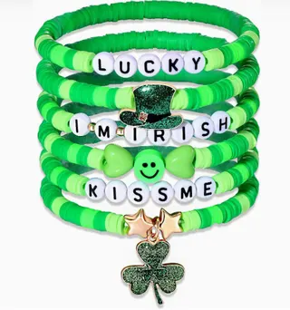 St. Patrick's Day Lucky Charm Bracelet Set of 6 - Green Beaded Soft Clay Letter Bracelets with Four Leaf Clover, LUCKY I'M IRISH KISS ME Charms, St. Patrick Gift for Women Girls
