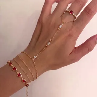 Vintage Heart Shape Ring, 18K Gold Plated Copper with Red Zircon & Cubic Zirconia, Size 8, Stacking Finger Ring Set for Women