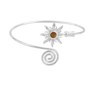 Sunburst Open Cuff Bracelet for Women, Boho Vintage Adjustable Bangle with Micro-Paved Zircon & Tiger Eye Stone, Silver Spiral Coil Design Jewelry Gift