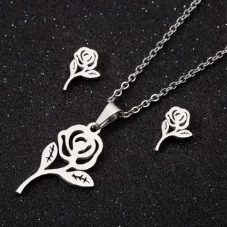 Stainless Steel Rose Necklace and Earrings Set, Hollow Cutout Rose Pendant with Leaf Detail, 45cm Chain, Hypoallergenic Silver Tone Jewelry Gift for Women