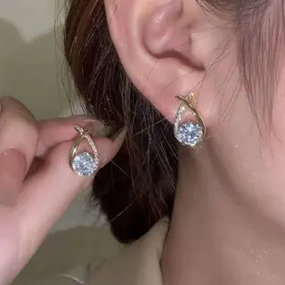 Elegant Cross-Openwork Diamond Stud Earrings, Silver Alloy with Rhinestone Micro-Pavé, Minimalist Chic Hoop Ear Studs for Women