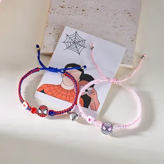 Spider-Man Heart Magnetic Braided Couple Bracelet, Red-Blue & Pink-White Beaded Charm, Alloy Electroplated, Adjustable 16-28cm, Anime IP Sweet-Cool Pair Set