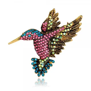 Vintage Hummingbird Brooch, Antique Gold Alloy with Pink Blue Rhinestones, Hand-Set Crystal Animal Pin for Blazer Coat Bag, 5.4x4.9cm