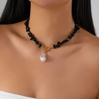 Baroque Pearl Necklace for Women, Deep Blue Glass Beaded Choker with Gold OT Clasp, Irregular Pearl Pendant collarbone Chain, 38cm