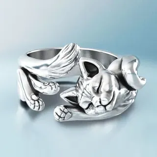Cute Sleeping Cat Ring, Silver Alloy Animal Adjustable Open Band, 3D Kitten Paw Statement Finger Ring for Women