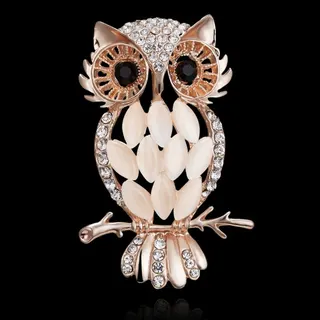 Owl Brooch for Women, Rose Gold Alloy with Rhinestone & Cat's Eye Stone, Perched Branch Design, Wisdom Symbol Lapel Pin for Blazer Dress, 5.8x3.7cm