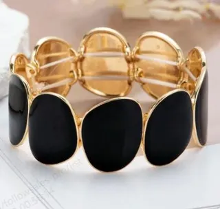 Geometric Enamel Wide Cuff Bracelet - Black 18K Gold Plated Zinc Alloy, Chunky Statement Bangle for Women, 5.9cm