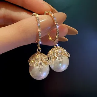 Luxury French Vintage Short Tassel Zircon Pearl Hoop Earrings, 925 Silver Post Hypoallergenic, Gold Micro-Pavé Crystal Drop Earrings for Commute & Party, 4.8x1.8cm