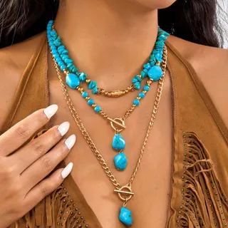Vintage Western Turquoise Necklace 3-Piece Set, Gold Alloy 18K Plated, Blue Turquoise Stone & T-Bar Chain Layered Necklace for Women, Boho Vacation Jewelry