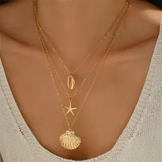 Gold Shell Starfish Scallop Layered Necklace - 3-Tier Ocean Beach Jewelry for Women, 18K Gold Plated Alloy Chain, Boho Vacation Pendant Necklace 42+5cm