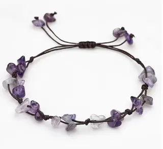 Natural Amethyst Stone Beaded Bracelet, Adjustable Braided Cord Wristband, Boho Zen Crystal Jewelry for Women