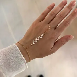White Zircon Leaf Finger Chain Bracelet, French Luxury Delicate Marquise Crystal Drop, 18K Gold Plated Stainless Steel & Copper, 17+5cm Adjustable, Women's Stacking Jewelry Gift