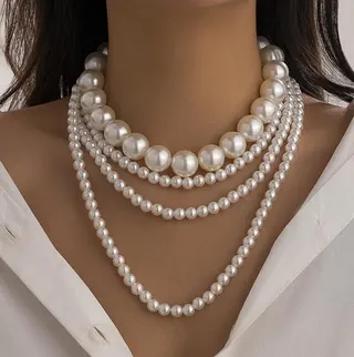 Multi-Layer Pearl Necklace Women - 4 Strand Gradient Round Imitation Pearl Choker Chain, Elegant French Vintage Collarbone Necklace for Daily & Wedding
