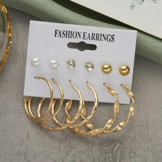 6 Pairs Fashion Earrings Set - Gold Hoop & Half-Hoop Earrings with Imitation Pearl & Crystal Studs, 18K Gold Plated Alloy, Versatile Bridal Commute Jewelry Gift Set