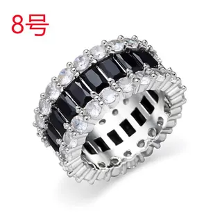 Wide Statement Ring White Gold Plated Copper with Black & Clear Cubic Zirconia, Baguette & Round CZ Pavé, Openwork Band, Size 6, Women's Jewelry