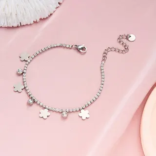 Luxury Cubic Zirconia Bracelet for Women - Stainless Steel Paved Chain with Rectangle & Round CZ Charms, Lobster Clasp + 5cm Extender, Hypoallergenic Silver, 16+5cm
