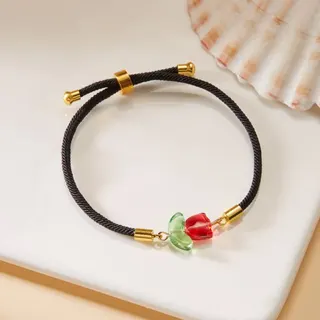 Tulip Resin Bracelet for Women, Black Cord Adjustable Slide Bead, Orange Flower Pendant with Green Leaves, 16-24cm Stretchable Woven Rope, Sweet Ins Style Gift