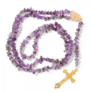 Natural Amethyst Tumbled Stone Cross Necklace Women 18K Gold Plated Alloy Pendant 72+14cm Long Beaded Prayer Chain Christian Faith Jewelry