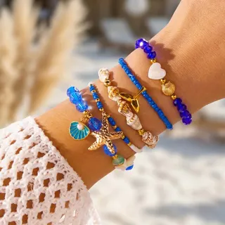 Ocean Beach Bracelet Set of 5 - Blue Beaded Crystal Strand with Starfish, Shell, Mermaid Tail & Conch Charms, 18K Gold Plated Alloy, Boho Layering Bracelets for Women, 18cm