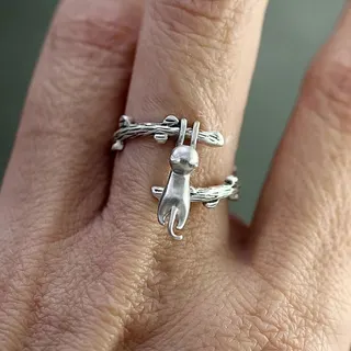 Cute Cat Climbing Branch Ring, Adjustable Open-Back Silver Alloy Ring, 3D Kitten Animal Design, Matte Finish, Gift for Women Girls