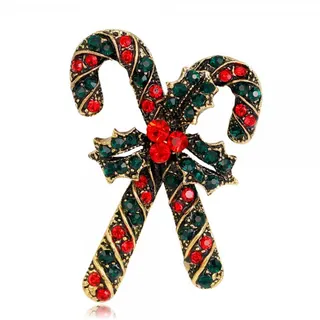 Christmas Candy Cane Brooch, Antique Gold Alloy with Red & Green Rhinestones, Holly Berry Holiday Pin for Women