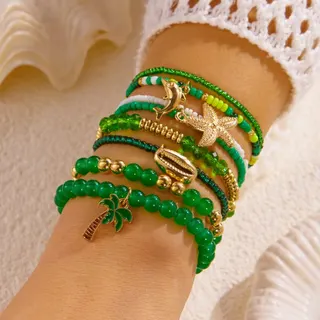 Tropical Ocean Charm Beaded Bracelet Set, Green Glass Beads with Gold Dolphin Starfish Shell Palm Tree Charms, 18cm, Summer Beach Jewelry Gift for Women