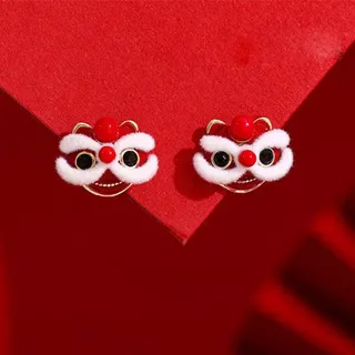 Chinese Style Red Plush Lion Dance Earrings, Alloy 18K Gold Plated, Cute CNY Festival Earrings Pair, Gift Ready
