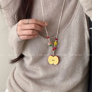 Dopamine Cute Apple Slice Necklace, Acrylic Smiley Apple Pendant with Beaded Braided Rope, Long 80cm Y2K Girl Jewelry