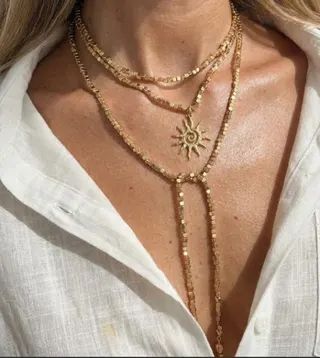 Hip-Hop Sun Pendant Necklace, CCB Beaded Multi-Strand Long Chain 156cm, 18K Gold Plated Alloy, Boho Statement Lariat Necklace for Women