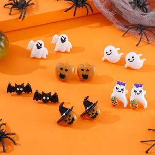 Halloween Earrings Set Resin Pumpkin Ghost Black Cat Witch Hat Skull Bat Cartoon Dangle Earrings Festival Party Cosplay Jewelry 2.2x4.4cm